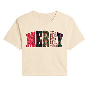 Juniors' Merry Holiday Patterns Cropped Tee