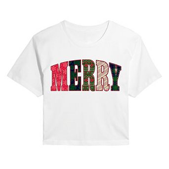 Juniors' Merry Holiday Patterns Cropped Tee