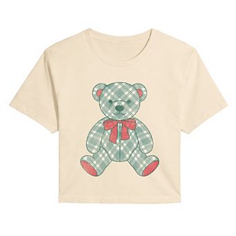 Juniors' Holiday Plaid Teddy Bear Cropped Tee
