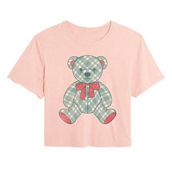 Juniors' Holiday Plaid Teddy Bear Cropped Tee