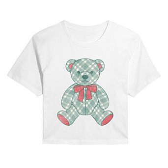 Juniors' Holiday Plaid Teddy Bear Cropped Tee
