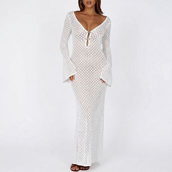 Womens Crochet Maxi Dress Long Sleeve Bodycon Summer Knit Beach Vacation Cover Ups