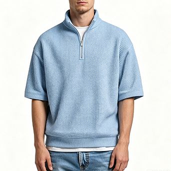 Men Waffle Knit Quarter Zip Short Sleeve Shirt Stand Collar Loose Fit Casual Pullover Textured Top