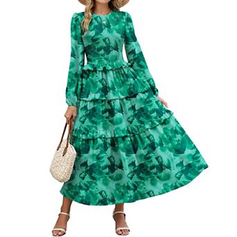 Women Fall Long Puff Sleeve Tiered Ruffled Maxi Dress