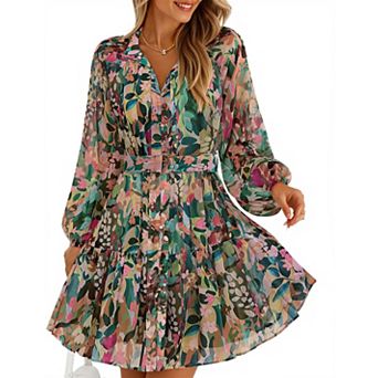 Women Chiffon A Line Dress Long Sleeve Wedding Guest Party