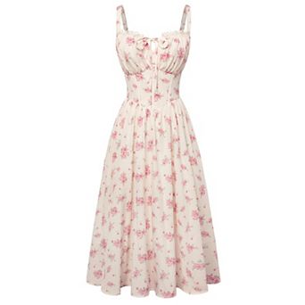 Women Milkmaid Dress Cutout Waist Smocked Pockets Floral