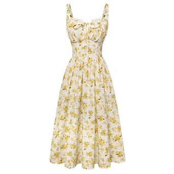 Women Milkmaid Dress Cutout Waist Smocked Pockets Floral