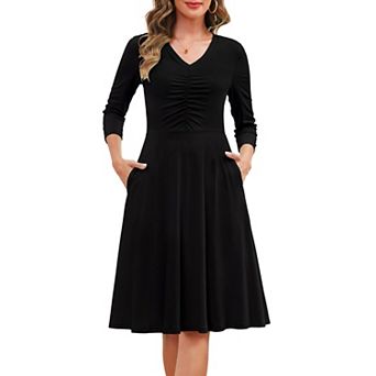 Women Spring 3/4 Sleeve A-line Ruched V Neck Dress Pockets