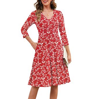 Women Spring 3/4 Sleeve A-line Ruched V Neck Dress Pockets