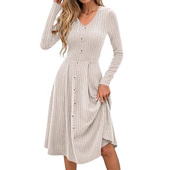 Women V Neck Knit A Line Dress Long Sleeve Casual Winter Fall