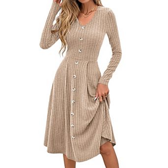 Women V Neck Knit A Line Dress Long Sleeve Casual Winter Fall