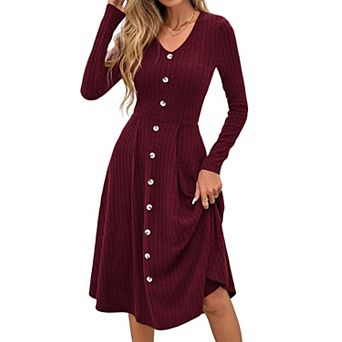 Women V Neck Knit A Line Dress Long Sleeve Casual Winter Fall