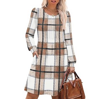 Women Long Sleeve Pleated Dress Pockets Casual Fall