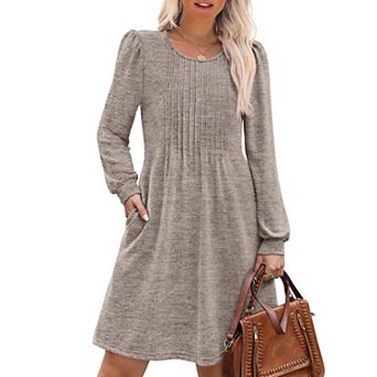 Women Long Sleeve Pleated Dress Pockets Casual Fall