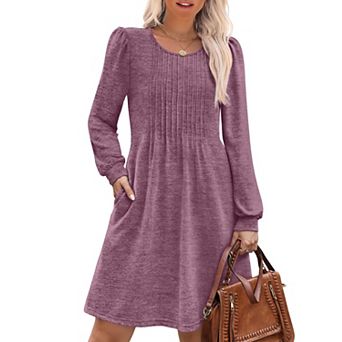 Women Long Sleeve Pleated Dress Pockets Casual Fall