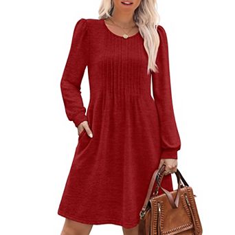 Women Long Sleeve Pleated Dress Pockets Casual Fall