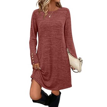 Women's Long Sleeve Crew Neck Tunic Dress with Pockets