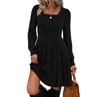 Womens Square Neck Long Sleeve Fall Dress Casual