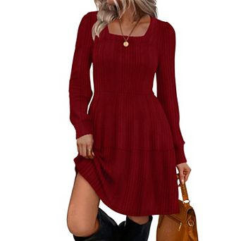 Womens Square Neck Long Sleeve Fall Dress Casual