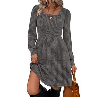 Womens Square Neck Long Sleeve Fall Dress Casual