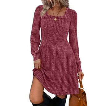 Womens Square Neck Long Sleeve Fall Dress Casual