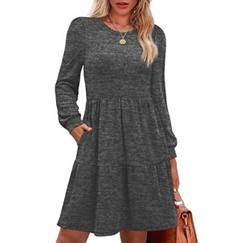 Women Long Sleeve Dress Pockets Crew Neck Casual Winter