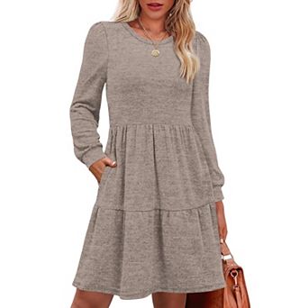 Women Long Sleeve Dress Pockets Crew Neck Casual Winter