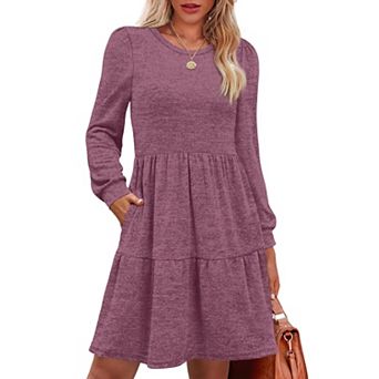 Women Long Sleeve Dress Pockets Crew Neck Casual Winter