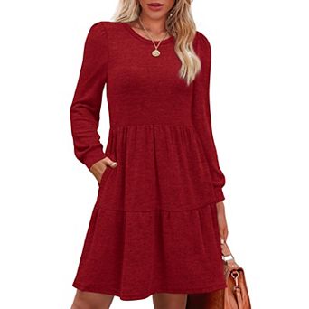 Women Long Sleeve Dress Pockets Crew Neck Casual Winter