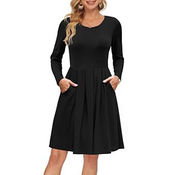 Women Long Sleeve Crew Neck Fall Dress Pockets