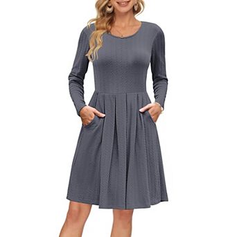 Women Long Sleeve Crew Neck Fall Dress Pockets