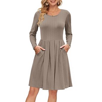 Women Long Sleeve Crew Neck Fall Dress Pockets