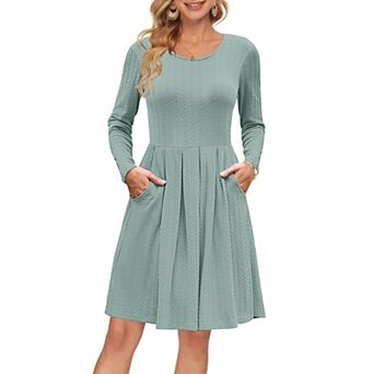 Women Long Sleeve Crew Neck Fall Dress Pockets