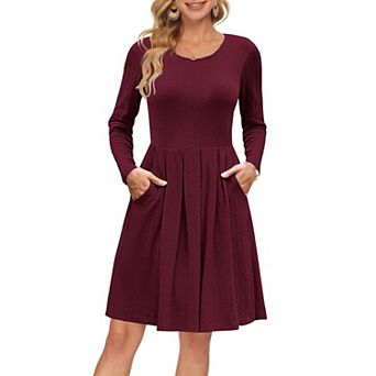 Women Long Sleeve Crew Neck Fall Dress Pockets