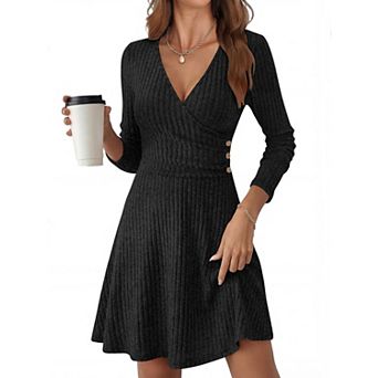 Women V-Neck Long Sleeve Ribbed Mini Dress