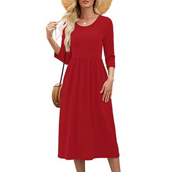 Women's Casual Crewneck A Line Tiered Flowy Long Dress Pockets