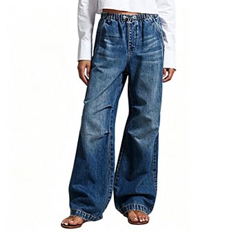 Women Elastic Mid Rise Pleated Wide Leg Jeans Vintage Washed Loose Casual Denim Street Pants