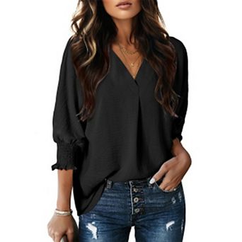 Women V Neck Smocked Cuff Lantern 3/4 Sleeve Loose Textured Blouse