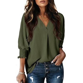 Women V Neck Smocked Cuff Lantern 3/4 Sleeve Loose Textured Blouse