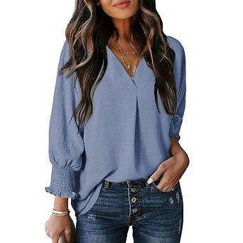 Women V Neck Smocked Cuff Lantern 3/4 Sleeve Loose Textured Blouse