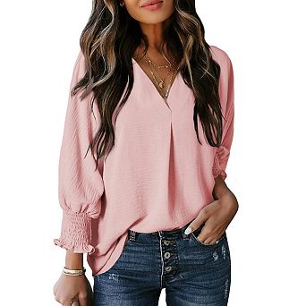 Women V Neck Smocked Cuff Lantern 3/4 Sleeve Loose Textured Blouse