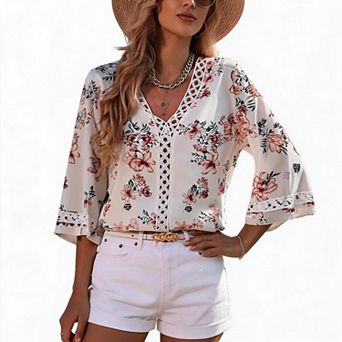 Women V Neck Lace Trim Floral Print Blouse 3/4 Bell Sleeve Loose Casual Summer Chiffon Shirts
