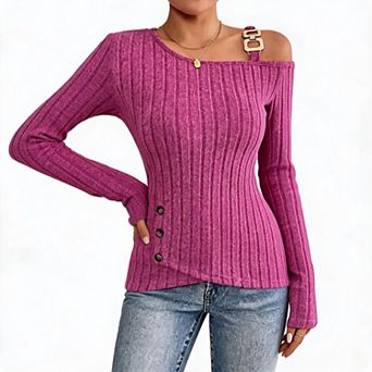 Women Cold Shoulder Knit Top Metal Buckle Strap Long Sleeve Button Detail Ribbed Slim Shirts