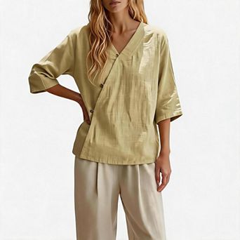 3/4 Sleeve Shirts for Women V Neck Tops Fall Clothes Linen Blouse Casual Pullover Tees
