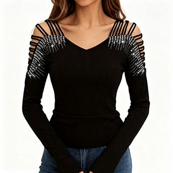 Seoria Women Strappy Cold Shoulder Long Sleeves Rhinestone Slim Fitted Tops