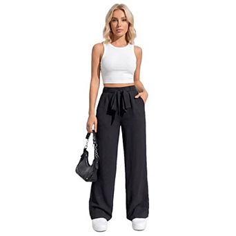 Womens Wide Leg Palazzo Pants Belted High Waisted Business Casual Flowy Long Trousers