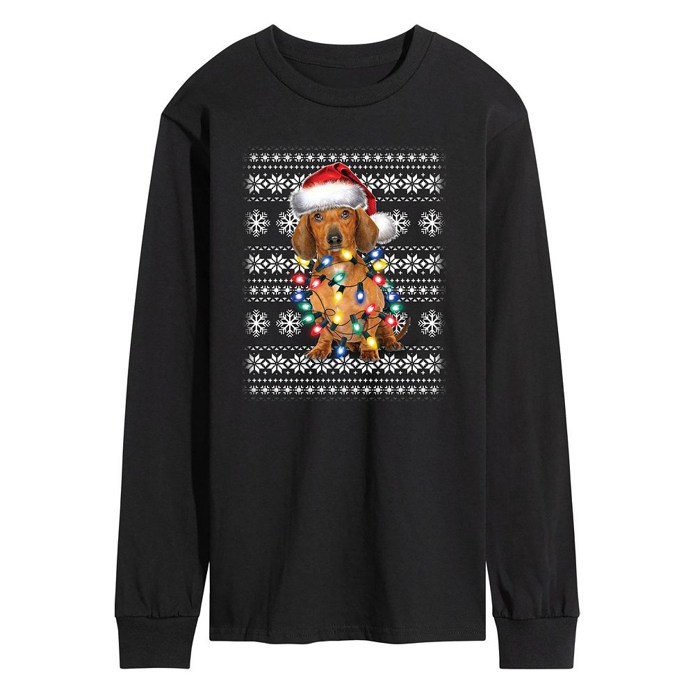 Men's Dachshund Christmas Lights Graphic Long Sleeve Tee