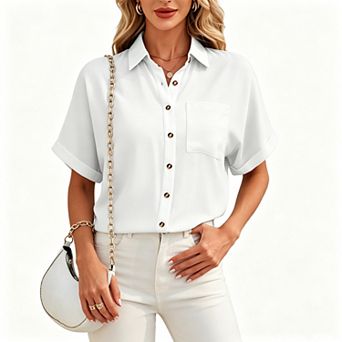 Women's Collared Cuffed Short Sleeve Pocket Back Pleated Button Down Shirt