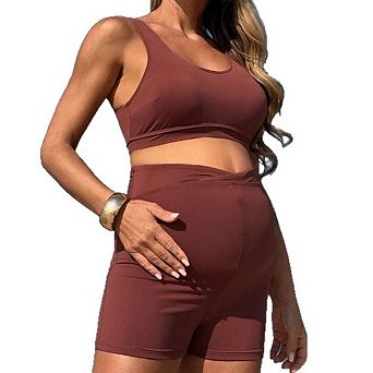 Women Maternity Two Piece Set Crop Sports Bra High Waist Belly Support Biker Shorts