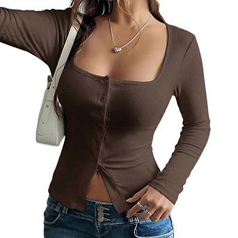 Women’s Square Neck Long Sleeve Button Down Split Fitted Going Out Crop Top T Shirts